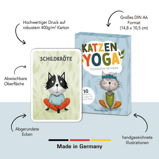 Yogakarten-Set für Kinder mit 30 handgezeichneten Katzen, die verschiedene Yoga-Übungen spielerisch darstellen, ideal für Kinderyoga und als Geschenk für Katzenliebhaber.